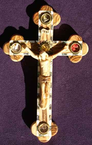 crucifix wood edge mother of pearl abalone rocks leaves incense soil dried roses small wood